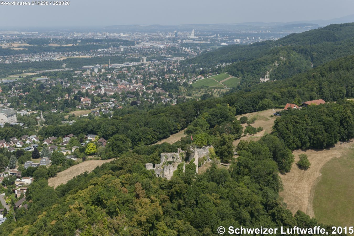 links im Bild: Goetheanum; Blickrichtung Nord: markante 'Roche-Türme' in Basel